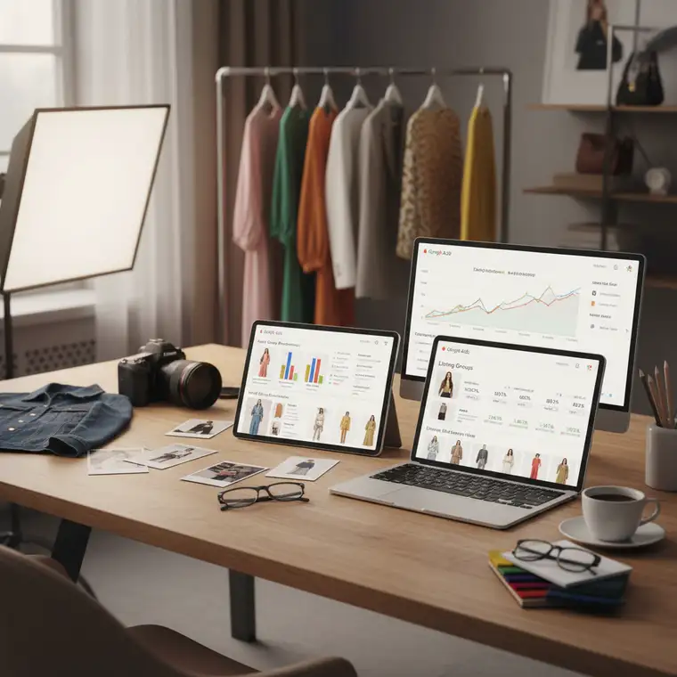 Panel Google Ads z raportami Performance Max dla sklepu z ubraniami, analiza ROAS, sygnałów odbiorców i optymalizacja kampanii e-commerce