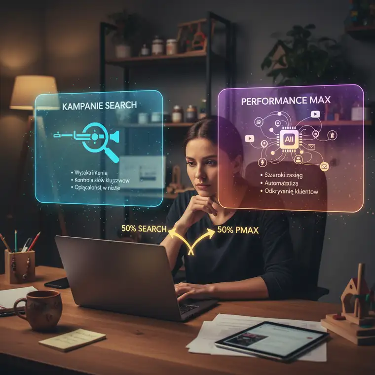 Dashboard Google Ads z wynikami kampanii Performance Max i Search, pokazujący analizę ROAS małego sklepu online