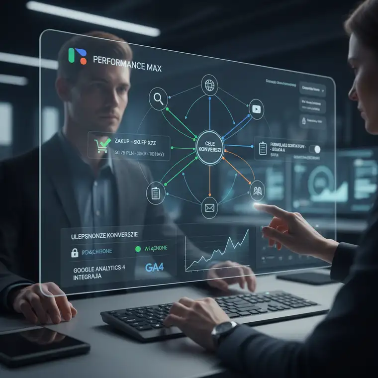 Schemat ścieżki klienta i konfiguracji celów konwersji w kampanii Performance Max, pokazujący podział na mikro- i makrokonwersje w Google Ads