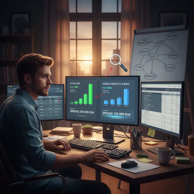Panel analityczny z danymi GA4 i Performance Max, ilustrujący różnice w atrybucji konwersji oraz zawyżone wyniki sprzedaży w sklepie internetowym
