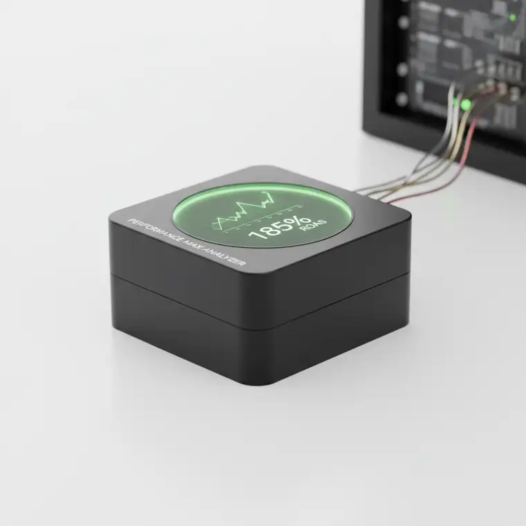 Schemat działania kampanii Performance Max w sklepie internetowym, prezentujący zawyżanie raportowanych wyników sprzedaży i wpływ atrybucji na ROAS w Google Ads