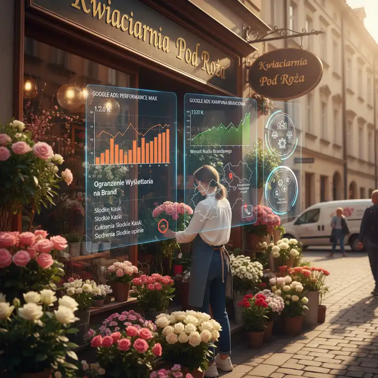Panel Google Ads z ustawieniami kampanii Performance Max i kampanii brandowej Search dla sklepu lokalnego, z zaznaczeniem podziału ról