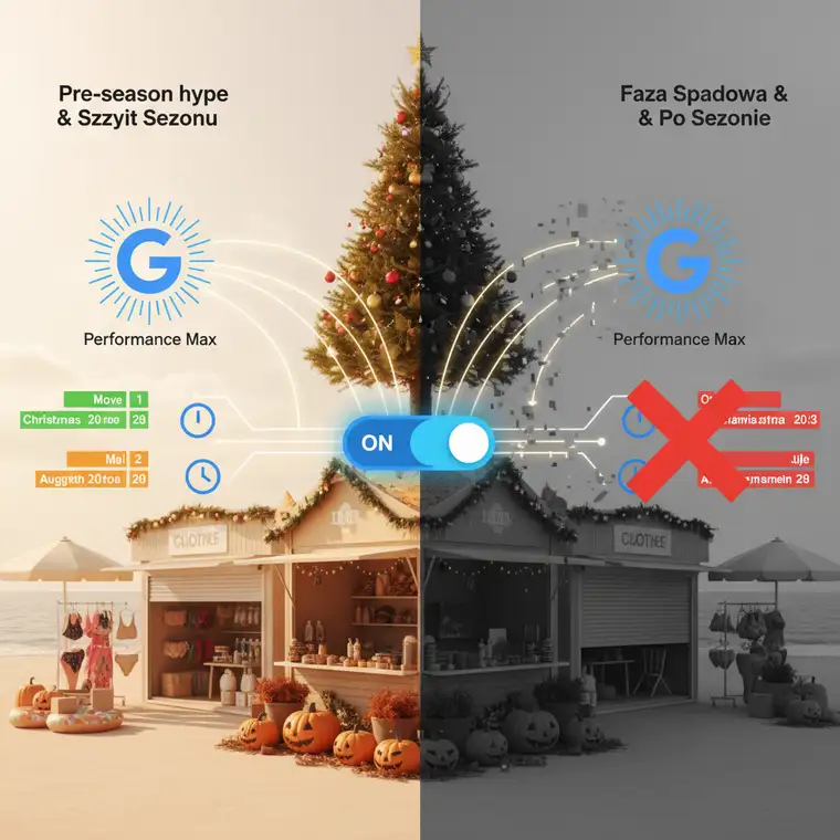 Schemat sezonowości kampanii Performance Max w Google Ads z zaznaczonymi mini-sezonami, takimi jak Black Friday i Święta, dla e-commerce sezonowego
