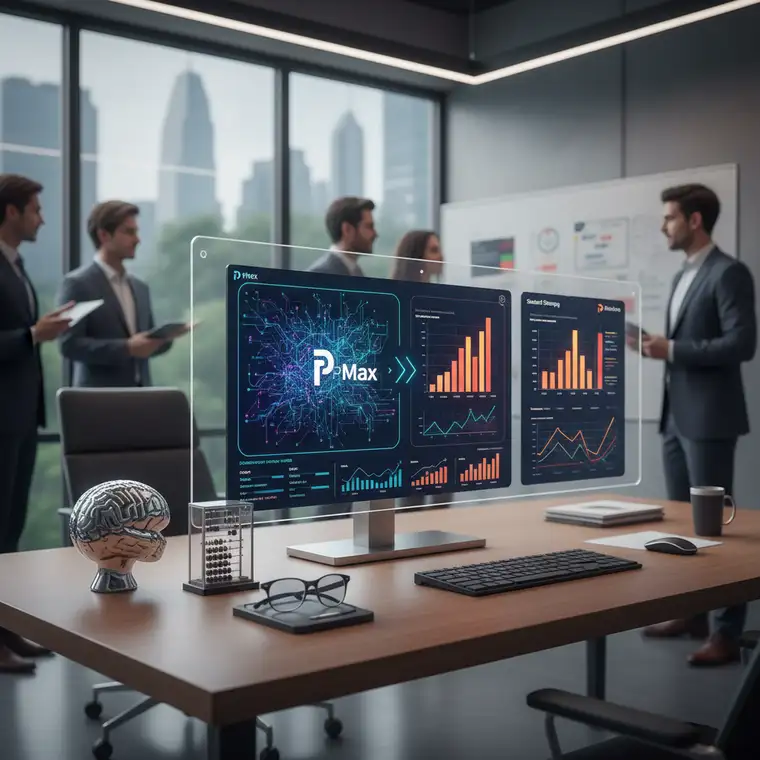 Wykresy w Google Analytics 4 pokazujące porównanie ruchu i konwersji z Performance Max i kampanii Standard Shopping w sklepie e-commerce