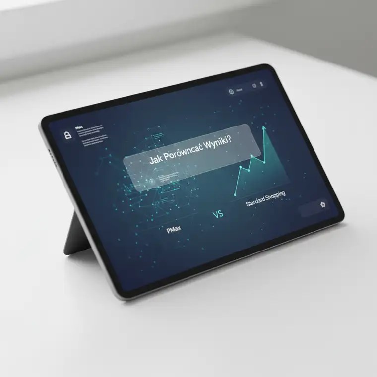Dashboard porównujący wyniki kampanii Performance Max i Standard Shopping w Google Ads w 2026 roku, pokazujący ROAS, CPA i wartość konwersji
