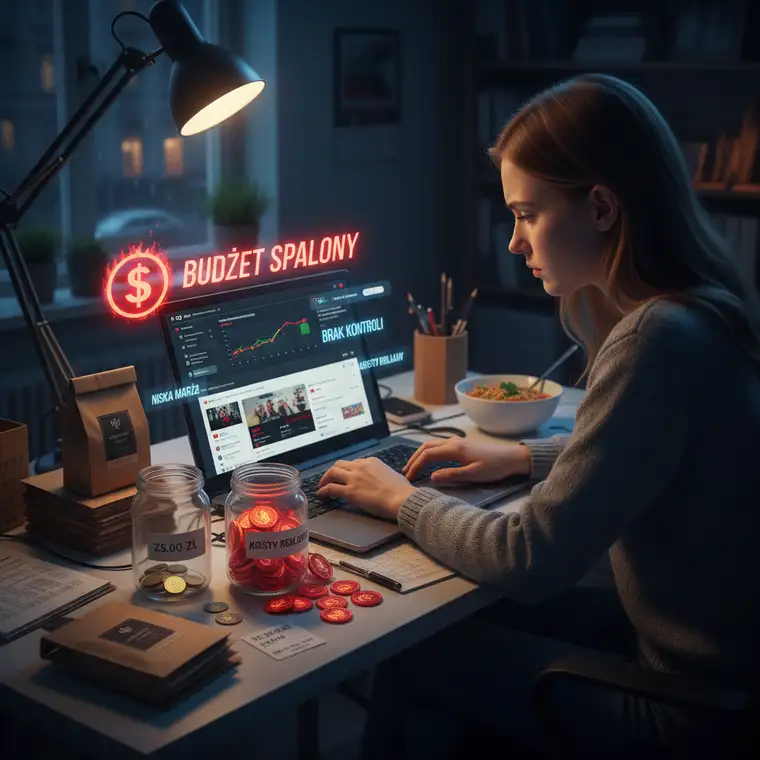 Panel Google Ads z wynikami kampanii Performance Max oraz standardowych kampanii produktowych w sklepie z niską marżą, pokazujący różnice w rentowności