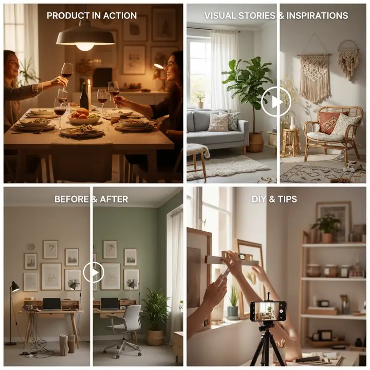 Zaaranżowane wnętrze salonu z meblami i dekoracjami, przykład inspiracyjnego wideo do kampanii Performance Max dla sklepu z wyposażeniem domu