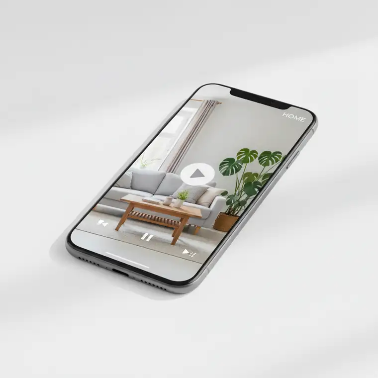 Nowoczesny salon z wyposażeniem domu pokazany w reklamie wideo pod Performance Max, wizualizacja skutecznej kampanii dla sklepu online