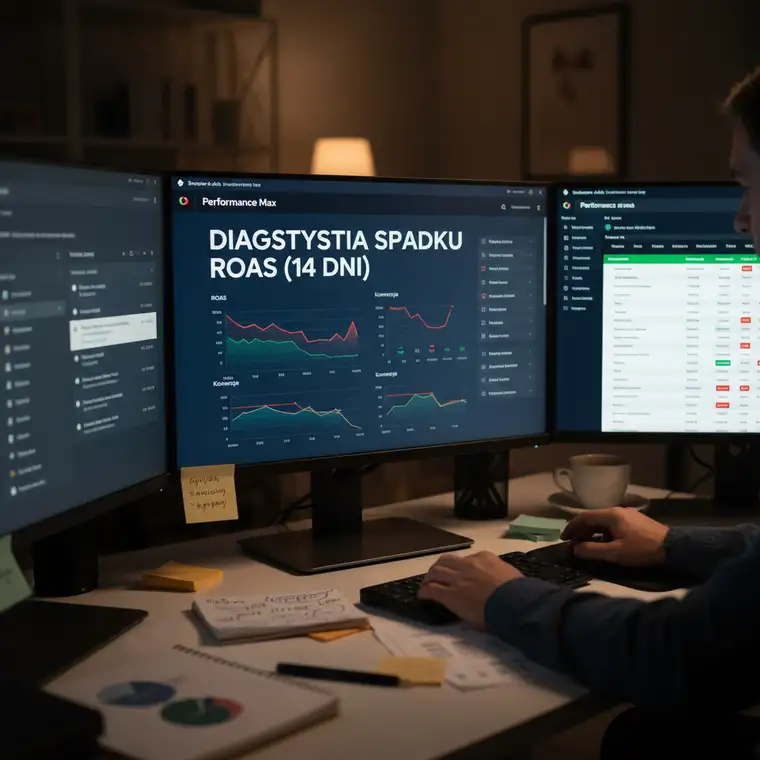 Panel Google Ads z widokiem raportu konwersji kampanii Performance Max, pokazujący problemy ze śledzeniem i wpływ błędów na spadek ROAS w analizowanym okresie
