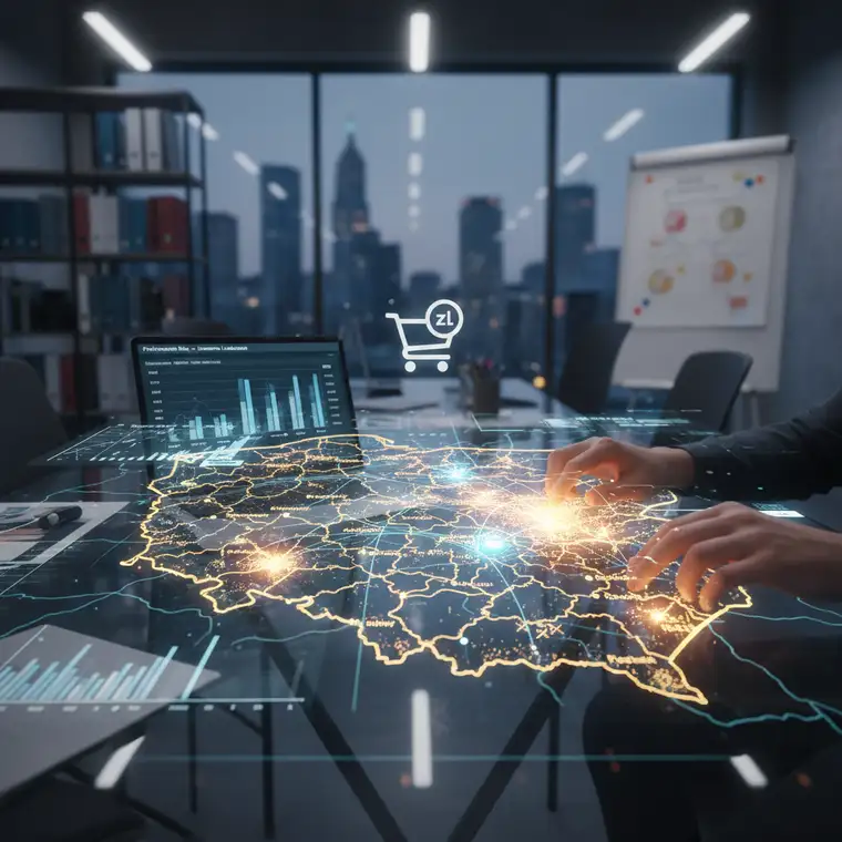 Panel Google Ads z ustawieniami lokalizacji Performance Max, pokazujący targetowanie promieniem i wykluczanie obszarów dla e-commerce w Polsce