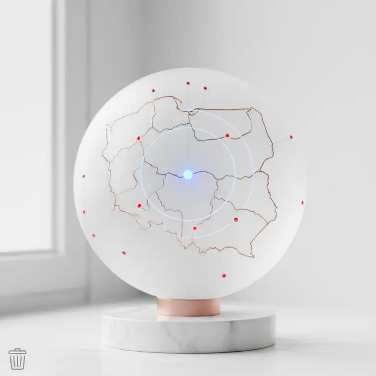 Schemat strategii Performance Max dla e-commerce w Polsce, pokazujący ustawienia lokalizacji dla miast, województw i całego kraju w celu maksymalizacji zysków