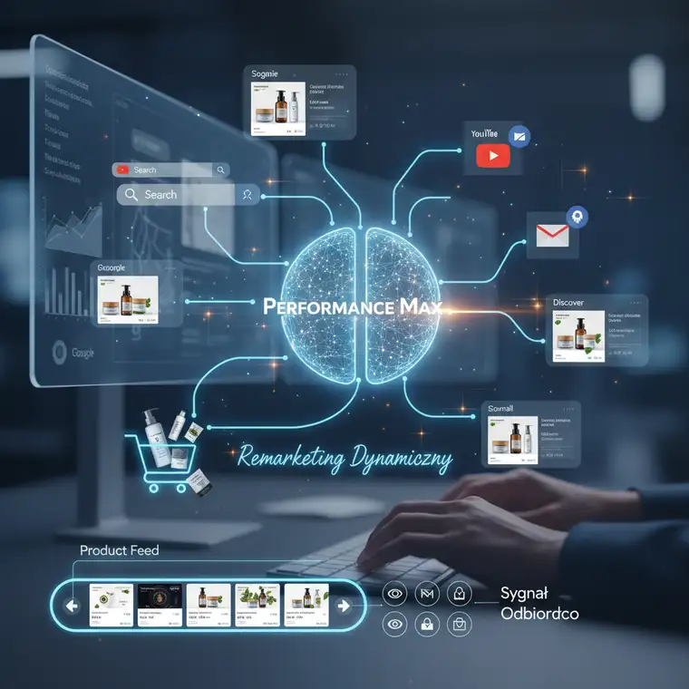 Panel konfiguracyjny kampanii Performance Max i list remarketingowych w sklepie internetowym, ilustrujący ustawienia sygnałów odbiorców i dynamiczny remarketing