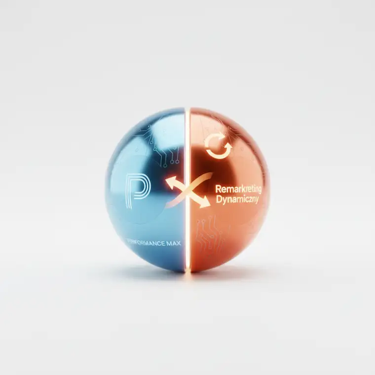 Dashboard Google Ads z kampanią Performance Max i remarketingiem dynamicznym w sklepie internetowym, pokazujący synergiczne działanie i wzrost sprzedaży