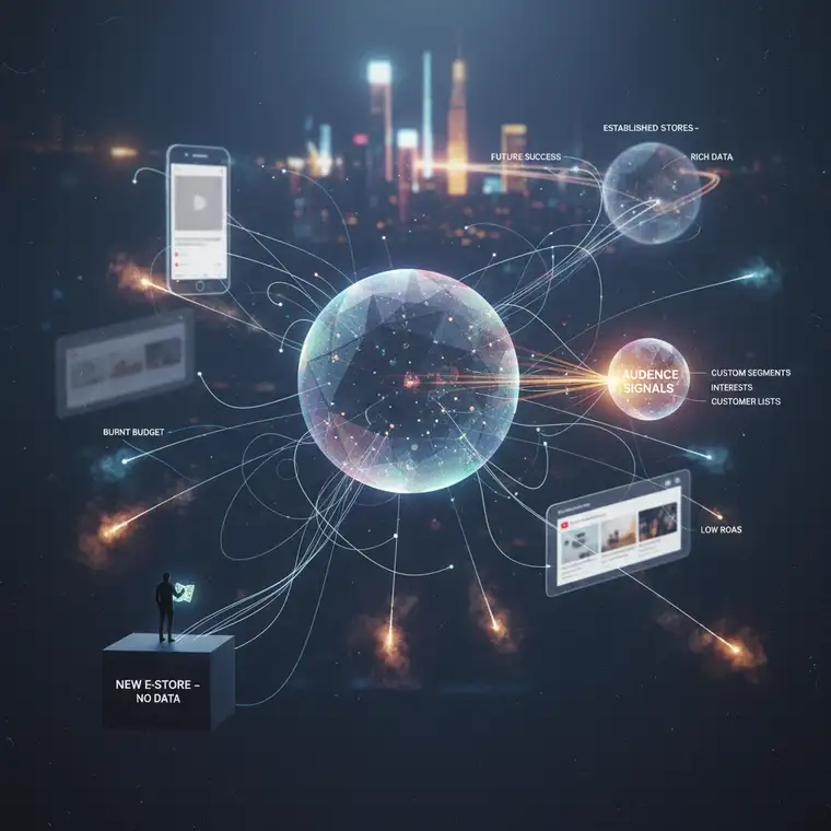 Panel konfiguracji kampanii Performance Max w Google Ads z ustawieniami Audience Signals i feedu produktowego dla nowego sklepu