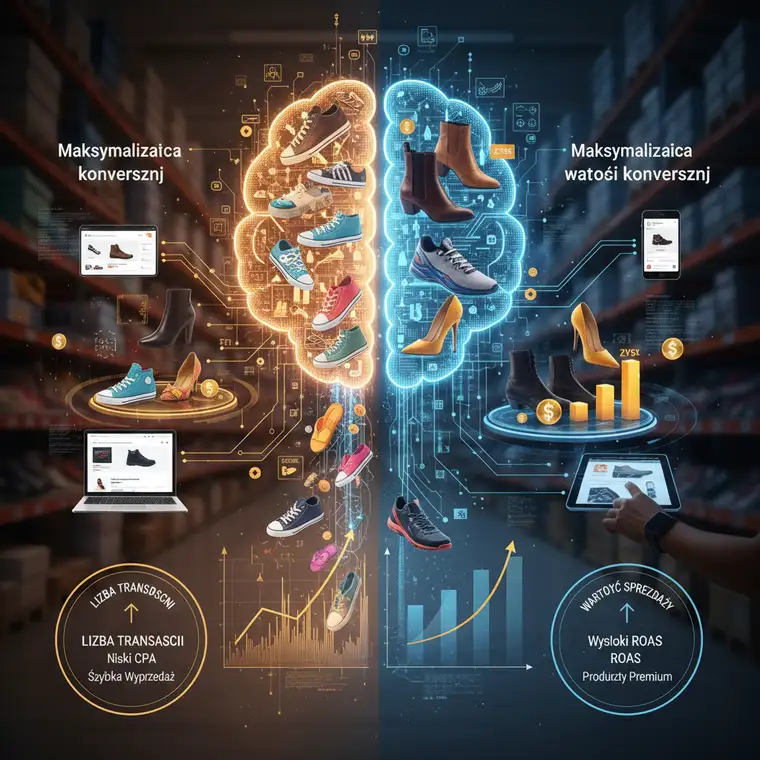 Panel Google Merchant Center z feedem produktowym sklepu z butami, widocznymi etykietami custom_label dla podziału produktów do testów PMax