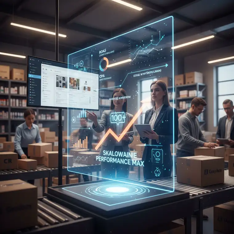 Panel kampanii Google Performance Max z widocznymi grupami zasobów i sygnałami odbiorców dla sklepu po przekroczeniu 100 zamówień miesięcznie