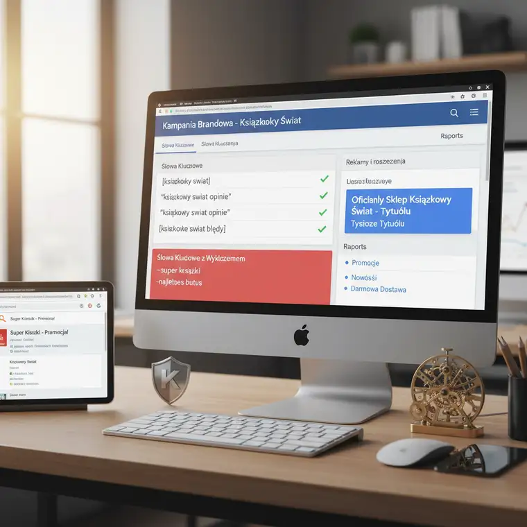 Panel Google Ads z konfiguracją kampanii brandowej sklepów online, widoczne słowa kluczowe, reklamy i rozszerzenia Search