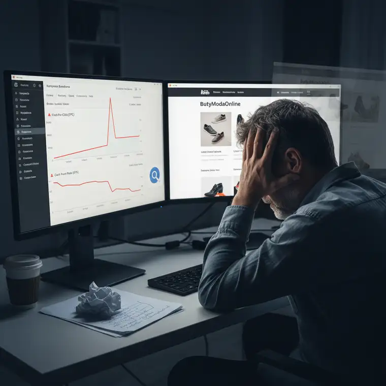 Panel Google Ads z kampanią brandową sklepu po rebrandingu, pokazujący spadek CTR, Wyniku Jakości i wzrost CPC w raportach