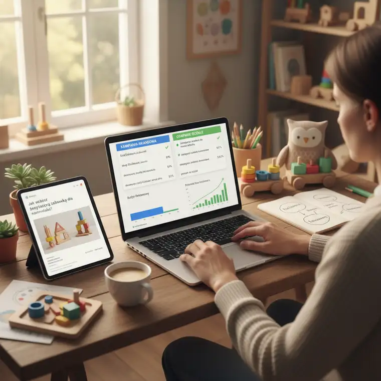 Dashboard kampanii Google Ads z oddzielnymi grupami na słowa kluczowe brandowe i ogólne w małym sklepie e-commerce B2C