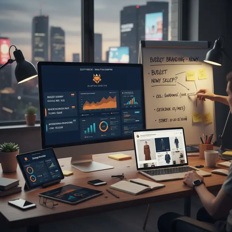 Schemat ustalania budżetu dziennego kampanii brandowej w nowym sklepie internetowym, z podziałem na cele, kanały reklamowe i analizę konkurencji
