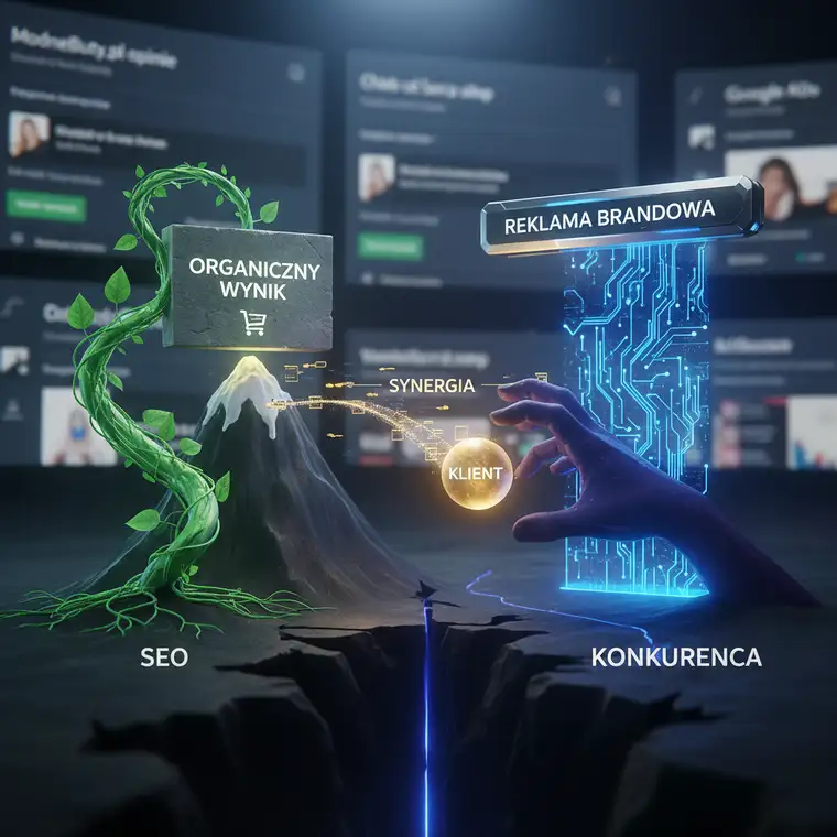 Strategia marketingowa sklepu internetowego, łącząca SEO i kampanię brandową Google Ads, pokazana jako dwa współpracujące kanały budujące widoczność marki