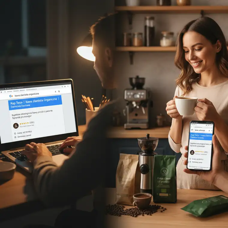 Dashboard kampanii Search Google Ads pokazujący statystyki e-commerce B2C, w tym konwersje, ROAS i skuteczność słów kluczowych w sklepie internetowym