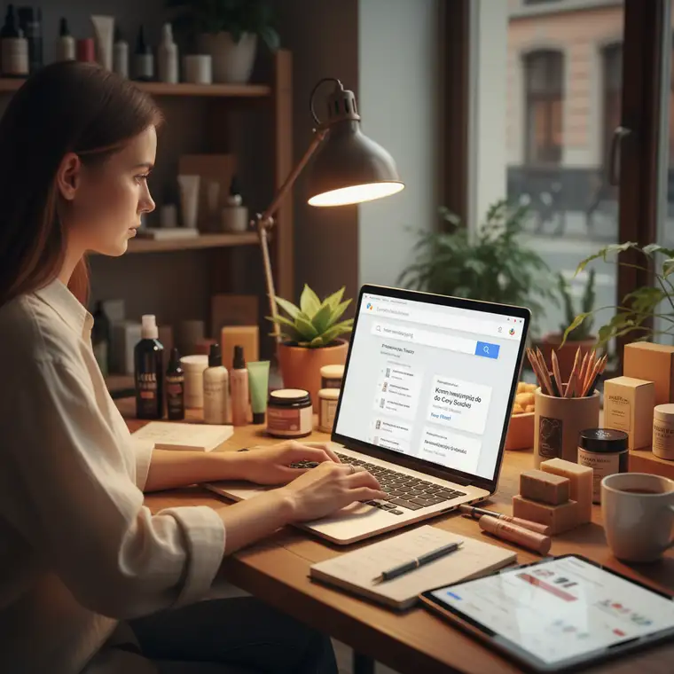 Widok struktury kampanii Google Ads Search dla sklepu z kosmetykami – kampanie, grupy reklam i słowa kluczowe