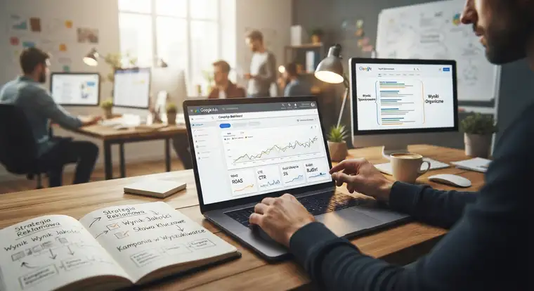 Struktura kampanii Google Ads: grupy reklam, słowa kluczowe, budżet dzienny i cele konwersji w ustawieniach konta