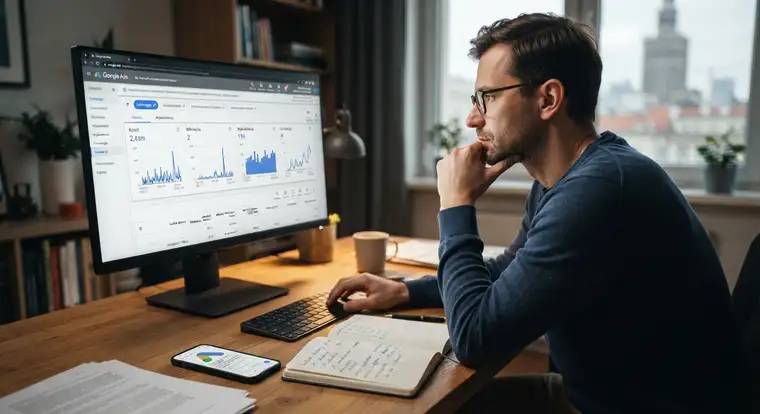 Panel Google Ads ze statystykami kampanii i słowami kluczowymi, który pomaga obniżyć koszty reklamy i zaplanować miesięczny budżet