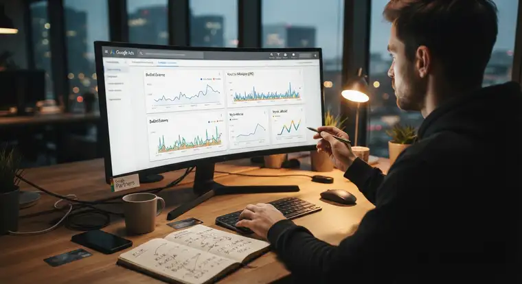 Reklamodawca analizuje w panelu Google Ads koszty kliknięć, Wynik Jakości i wydatki kampanii, aby obniżyć cenę pojedynczego kliknięcia