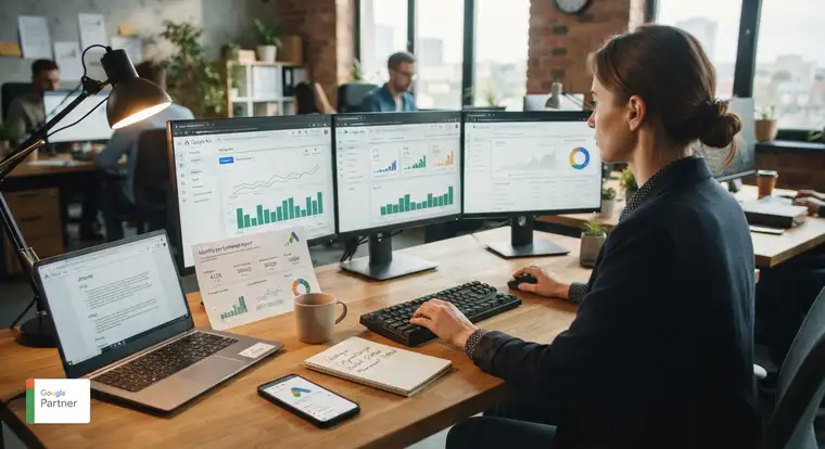 Specjalista Google Ads analizujący koszty kampanii reklamowych, co pomaga określić ile kosztuje prowadzenie kampanii Google Ads w agencji