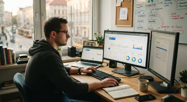 Koszty prowadzenia Google Ads przez specjalistę w podziale na opłatę za obsługę i wydatki reklamowe, które trzeba rozliczać osobno