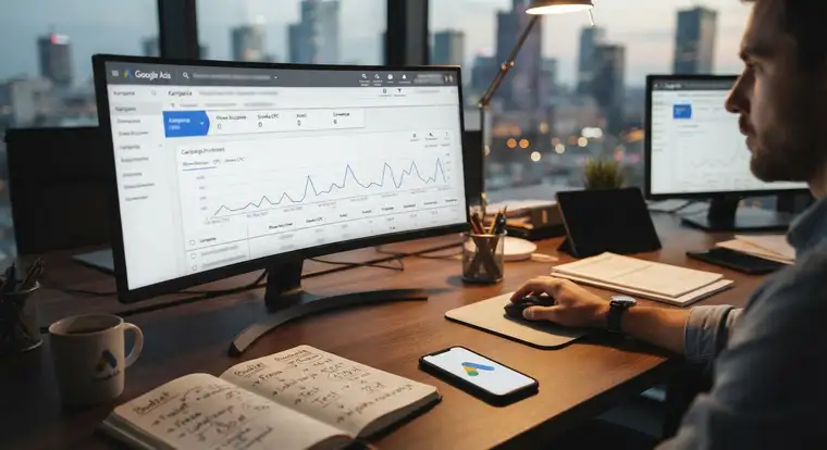 Panel Google Ads pokazujący, ile kosztuje kliknięcie w Google Ads, z raportem słów kluczowych i statystykami kampanii