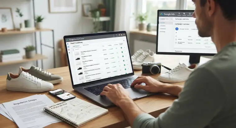 Google Merchant Center w praktyce, czyli połączenie konta z Google Ads, które umożliwia wyświetlanie reklam produktowych i kampanii Performance Max